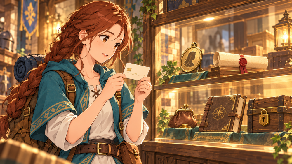 武具店で自分のカードを見つめる赤茶の三つ編みの冒険者と、別々に置かれた契約・口座・記録の象徴