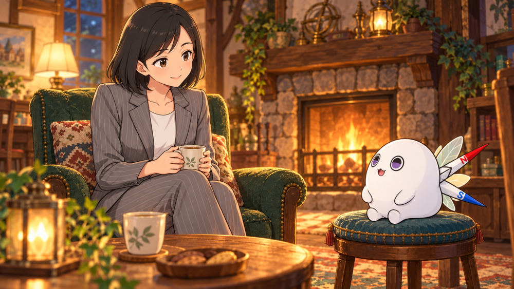 暖炉のそばで、リクレさんとコンパスくんが落ち着いて話している場面
