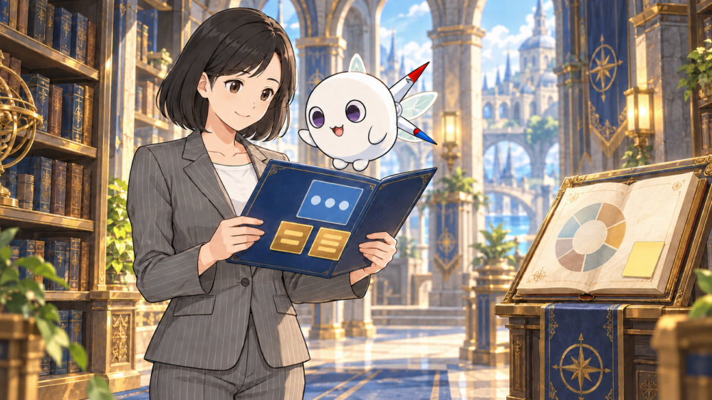 リクレさんとコンパスくんが個人の報告書を読み、別の展示台にある公式解説資料と区別している場面。