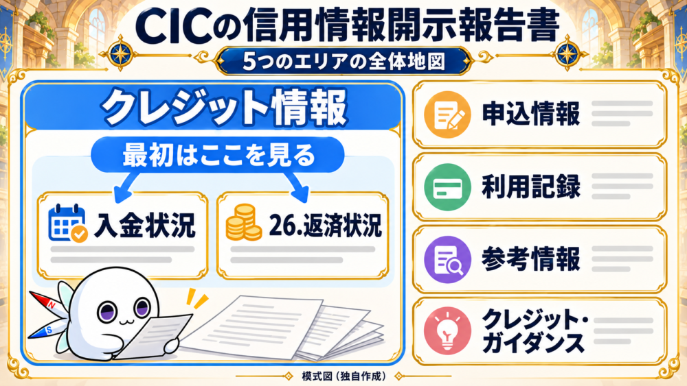 CIC信用情報開示報告書の5つの区分と、クレジット情報の入金状況・26.返済状況を最初に確認する全体図。独自作成の模式図。