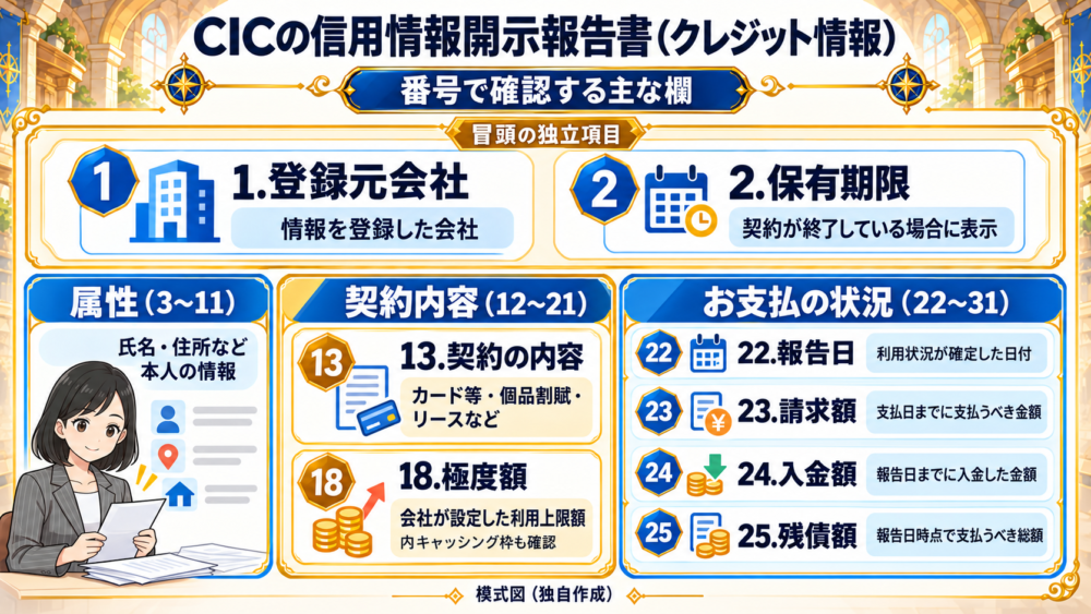 CICクレジット情報の主な欄の案内。1.登録元会社・2.保有期限を属性欄と区別し、13・18・22〜25の意味を示した模式図。