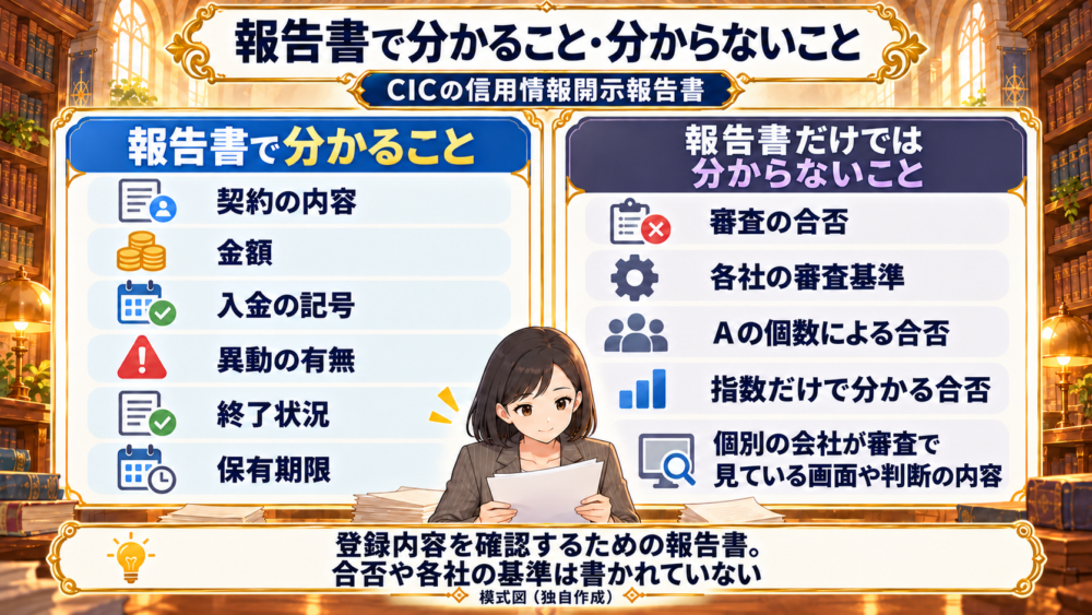 CIC報告書で確認できる登録内容と、報告書だけでは分からない審査の合否や各社の基準を対比した模式図。