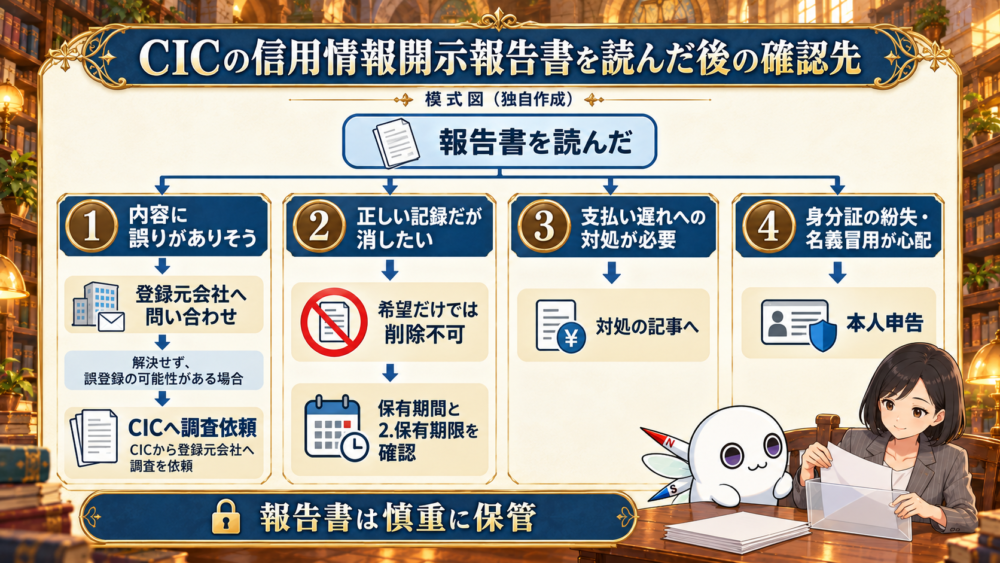 CIC報告書を読んだ後の4つの確認先。誤りの疑いは登録元会社から確認し、必要に応じてCICへ調査を依頼する模式図。