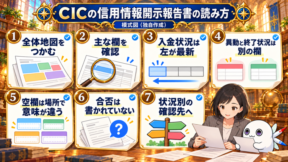CIC報告書を読む7つの確認手順。全体像・主な欄・入金状況・異動と終了状況・空欄・合否との境界・次の確認先をまとめた模式図。