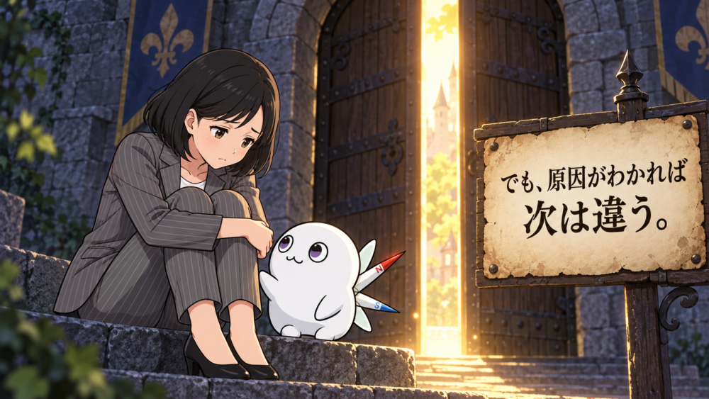 審査に落ちて城門の前でうつむくリクレさんと、寄り添うコンパスくん