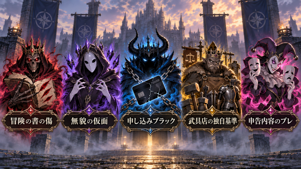 クレジットカード審査落ちの原因を5体の魔王で表した図(冒険の書の傷・無貌の仮面・申し込みブラック・武具店の独自基準・申告内容のブレ)