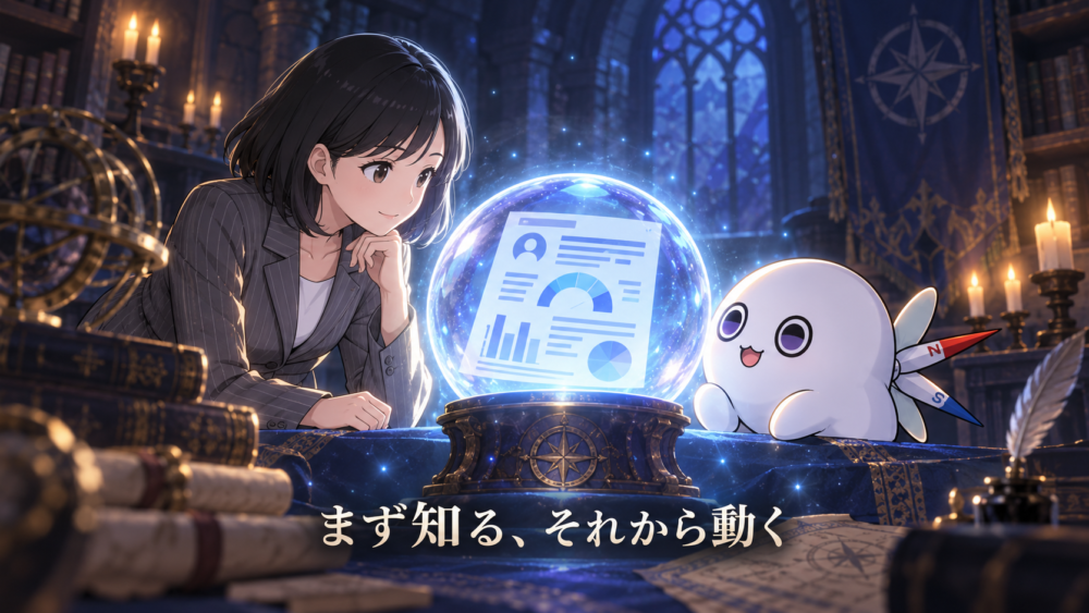 光る水晶玉に映る信用情報のレポートをのぞき込むリクレさんとコンパスくん