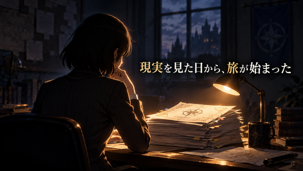 薄暗い部屋で信用情報の分厚い書類を見つめる人物の後ろ姿