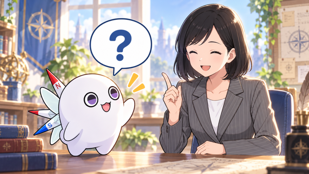 手を挙げて質問するコンパスくんと笑顔で答えるリクレさん