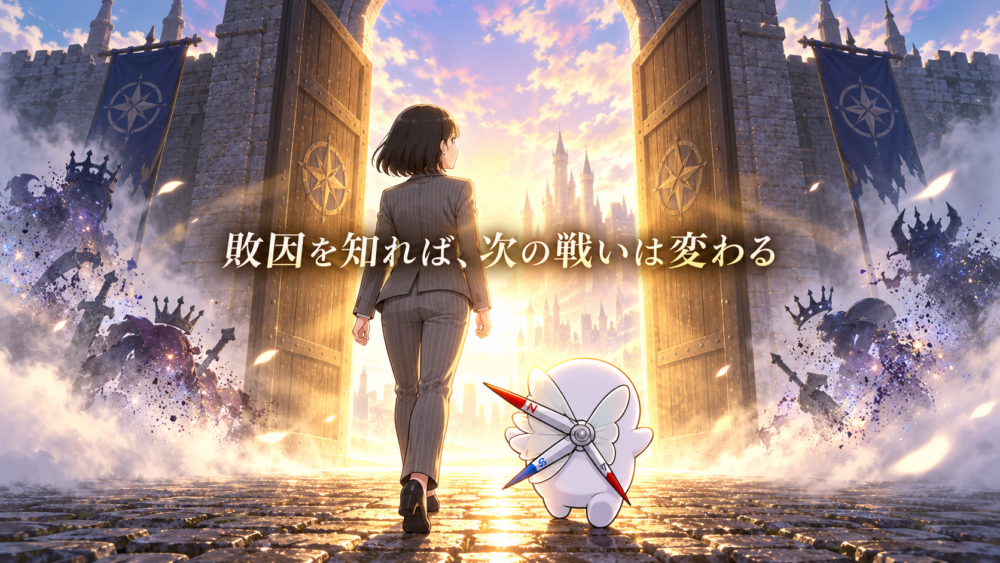魔王が消えて開いた城門へ歩き出すリクレさんとコンパスくんの後ろ姿