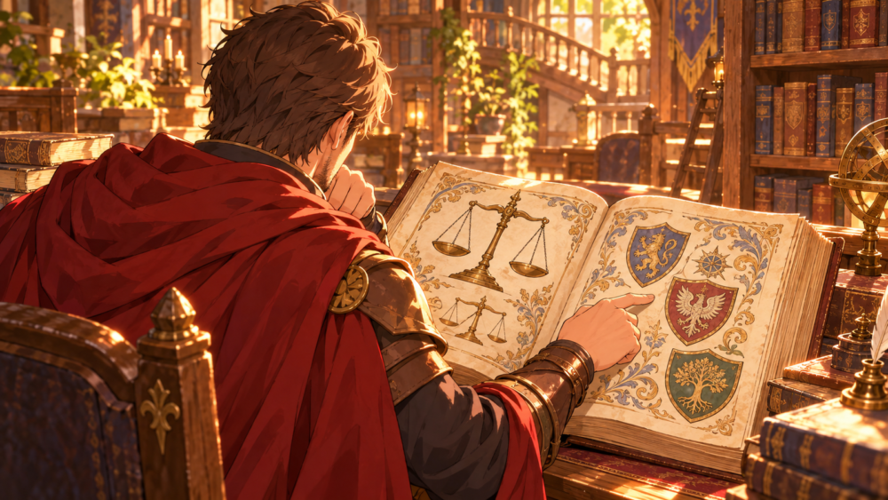 ギルドの書庫で、天秤や紋章が描かれたルールの書を読み解く冒険者