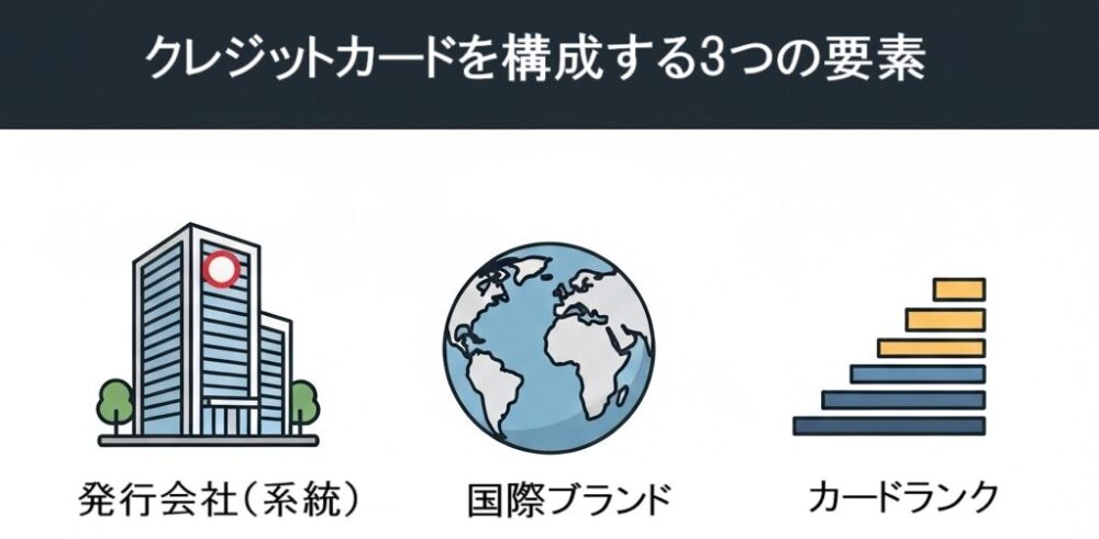 クレジットカードを構成する3つの要素を表す図。
発行会社(系統)、国際ブランド、カードランクと並んでいる。