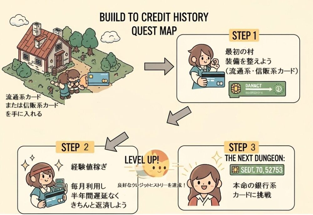 クレジットヒストリーの修行をしている女性が、段階を踏んでレベルアップしていってる様を現した表です。